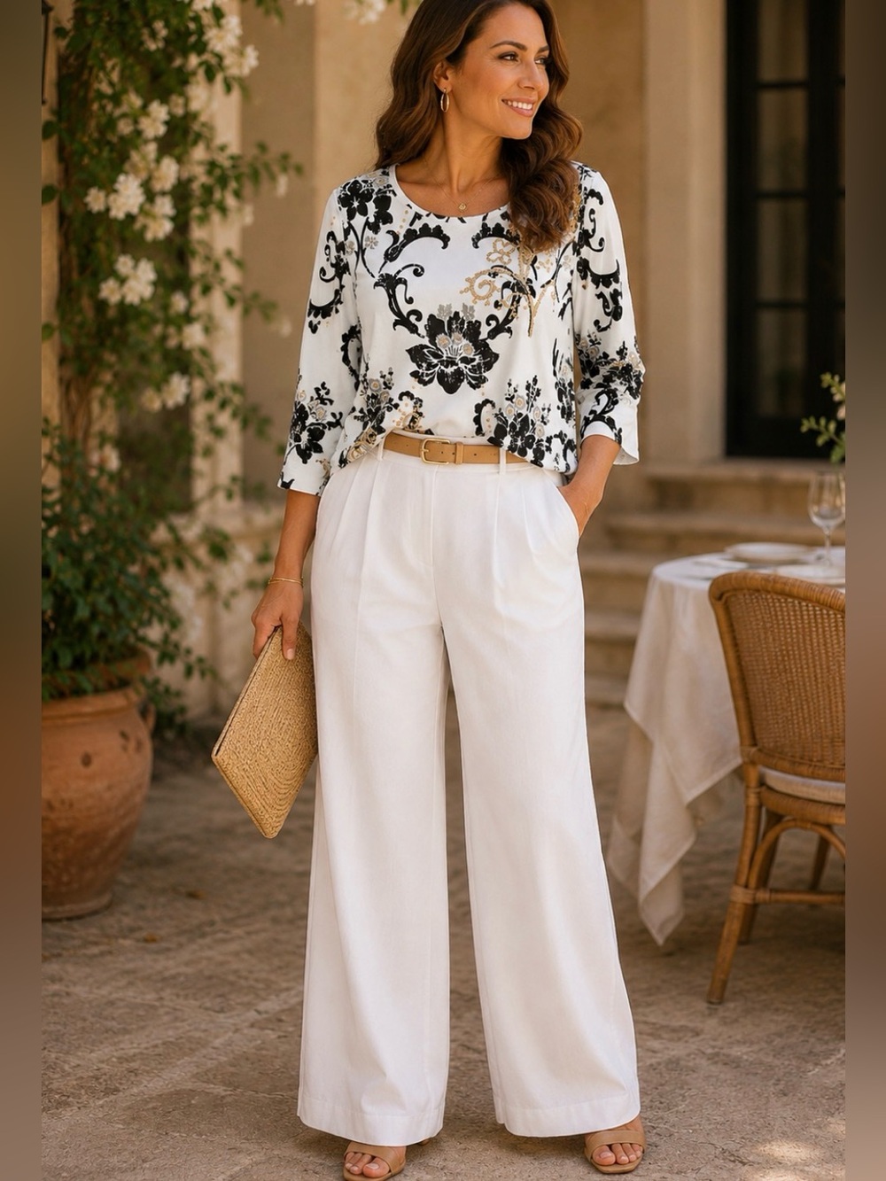 Chico's White Top with Black Floral Print
